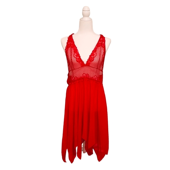 XXXL 3X RED WOMENS FLOWY LINGERIE COVER UP SHEER DRESS LACE HALTER - Picture 1 of 5
